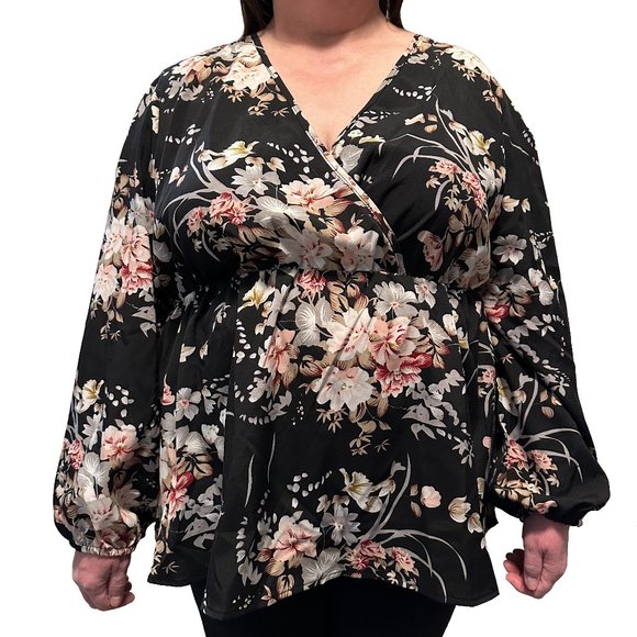Shein Curve Pink Cherry Blossom Sakura Floral Peplum Top - Picture 1 of 4